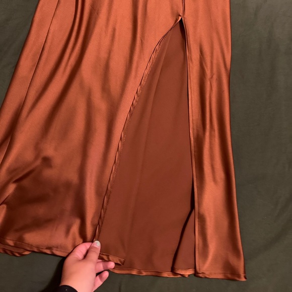 Parallel Lines square neck satin tie back midi dress in brown (Size 8) - Picture 10 of 11